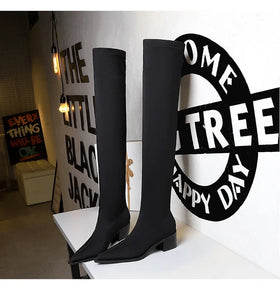 BIGTREE Shoes Women Sexy Over The Knee Boots Pointed Top Stretch Boots Thick Heel High Boots Black Long Boots Autumn Winter Shoe