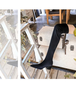 BIGTREE Shoes Women Sexy Over The Knee Boots Pointed Top Stretch Boots Thick Heel High Boots Black Long Boots Autumn Winter Shoe