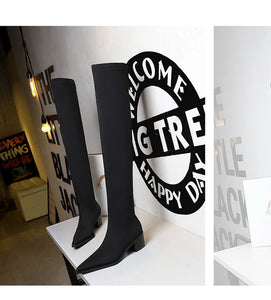 BIGTREE Shoes Women Sexy Over The Knee Boots Pointed Top Stretch Boots Thick Heel High Boots Black Long Boots Autumn Winter Shoe