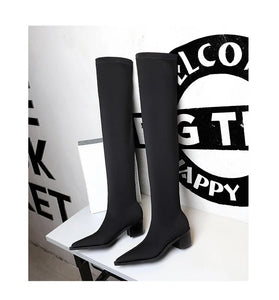 BIGTREE Shoes Women Sexy Over The Knee Boots Pointed Top Stretch Boots Thick Heel High Boots Black Long Boots Autumn Winter Shoe