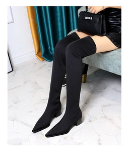 BIGTREE Shoes Women Sexy Over The Knee Boots Pointed Top Stretch Boots Thick Heel High Boots Black Long Boots Autumn Winter Shoe