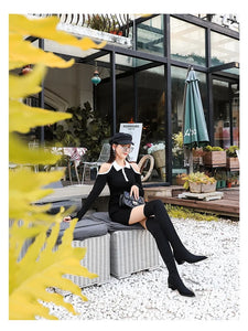 BIGTREE Shoes Women Sexy Over The Knee Boots Pointed Top Stretch Boots Thick Heel High Boots Black Long Boots Autumn Winter Shoe
