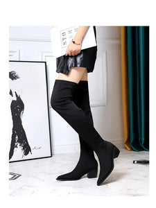 BIGTREE Shoes Women Sexy Over The Knee Boots Pointed Top Stretch Boots Thick Heel High Boots Black Long Boots Autumn Winter Shoe