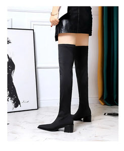 BIGTREE Shoes Women Sexy Over The Knee Boots Pointed Top Stretch Boots Thick Heel High Boots Black Long Boots Autumn Winter Shoe