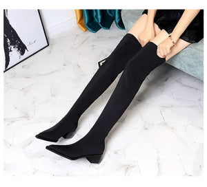 BIGTREE Shoes Women Sexy Over The Knee Boots Pointed Top Stretch Boots Thick Heel High Boots Black Long Boots Autumn Winter Shoe