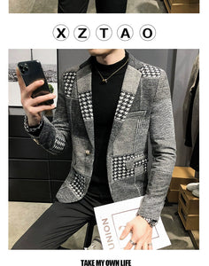 Mens Woolen Jacket 2023 Autumn Winter Fleece Warm Plaid Woolen Coat Streetwear Casual Slim Fit Jacket Coat Fashion Men Clothing