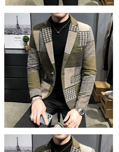 Mens Woolen Jacket 2023 Autumn Winter Fleece Warm Plaid Woolen Coat Streetwear Casual Slim Fit Jacket Coat Fashion Men Clothing