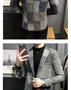 Mens Woolen Jacket 2023 Autumn Winter Fleece Warm Plaid Woolen Coat Streetwear Casual Slim Fit Jacket Coat Fashion Men Clothing