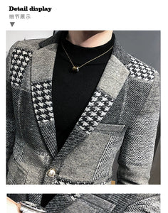 Mens Woolen Jacket 2023 Autumn Winter Fleece Warm Plaid Woolen Coat Streetwear Casual Slim Fit Jacket Coat Fashion Men Clothing