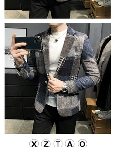 Mens Woolen Jacket 2023 Autumn Winter Fleece Warm Plaid Woolen Coat Streetwear Casual Slim Fit Jacket Coat Fashion Men Clothing