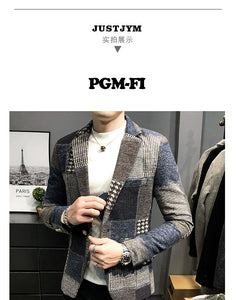 Mens Woolen Jacket 2023 Autumn Winter Fleece Warm Plaid Woolen Coat Streetwear Casual Slim Fit Jacket Coat Fashion Men Clothing