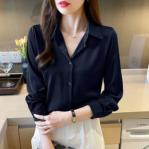 New Spring satin shirts solid color office ladies shirts fashion Women Blouses Long Sleeve Tops Blusas Mujer