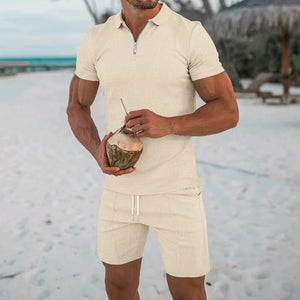 Men's Comfortable Short-Sleeved Waffle Polo Shirt And Shorts Set - Breathable Lightweight Spring/Summer Clothing