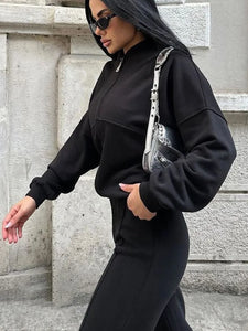 FSMG Casual Sweatshirt Pants Set Solid Zippers Jackets Loose High Waist Lace-up Elastic Waist Trousers Suits Sportswear 2 Pieces