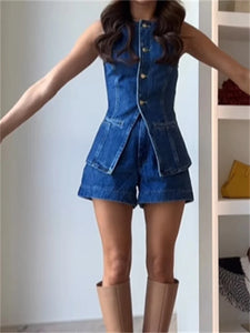 Summer Women's Denim Shorts Suit Sleeveless O-neck Single Breasted Split Top Vest High Waist Wide Leg Shorts 2024 Lady Sets