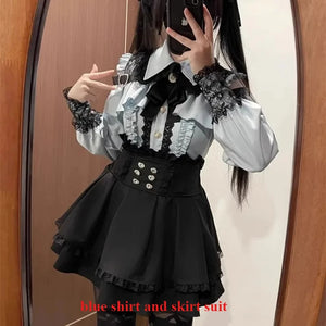 3-Color Sweet Gothic Lolita Coord Set, Off Shoulder Lace Blouse & High Waist Skirt, Kawaii Japanese Style Two Piece Outfit S-XL