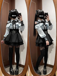 3-Color Sweet Gothic Lolita Coord Set, Off Shoulder Lace Blouse & High Waist Skirt, Kawaii Japanese Style Two Piece Outfit S-XL