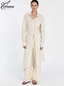 Oymimi Elegant Apricot Print Sets For Women 2 Pieces Fashion Long Sleeve Pockets Lace-Up Button Robe And Drawstring Pants Sets