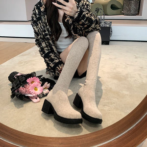 Stretchy Knit Over The Knee Boots Women Plus Size 35-42 Thick Heel Long Boots Woman Comfortable Slip On Slim High Botas Mujer
