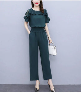 Women's Summer Suit 2025 New Waistband Lace Openwork Off The Shoulder Short Sleeve Tops Wide Leg Pants 2 Two Piece Set For Women