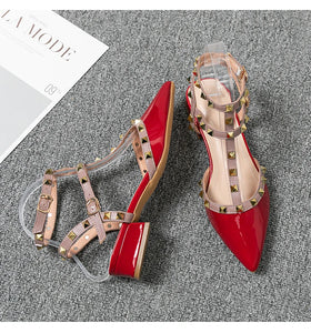 Summer high-heeled women's sandals Fashion brand design pointed rivet red casual shoes Large size 41-43