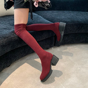 Stretchy Knit Over The Knee Boots Women Plus Size 35-42 Thick Heel Long Boots Woman Comfortable Slip On Slim High Botas Mujer