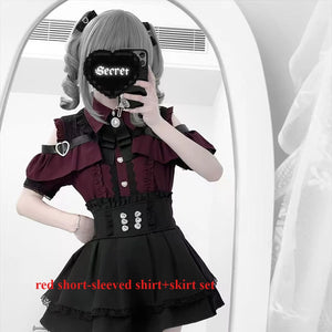 3-Color Sweet Gothic Lolita Coord Set, Off Shoulder Lace Blouse & High Waist Skirt, Kawaii Japanese Style Two Piece Outfit S-XL