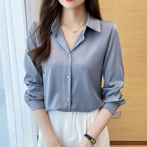 New Spring satin shirts solid color office ladies shirts fashion Women Blouses Long Sleeve Tops Blusas Mujer
