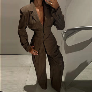 Vintage Brown Strip Blazer Jacket Pant Sets Padded Shoulder Slim Fit Suit Coat High Waist Casual Trousers 2025 New Autumn Outfit