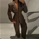 Vintage Brown Strip Blazer Jacket Pant Sets Padded Shoulder Slim Fit Suit Coat High Waist Casual Trousers 2025 New Autumn Outfit