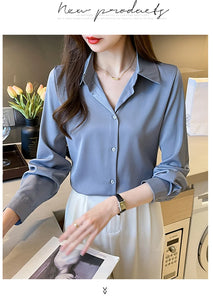 New Spring satin shirts solid color office ladies shirts fashion Women Blouses Long Sleeve Tops Blusas Mujer