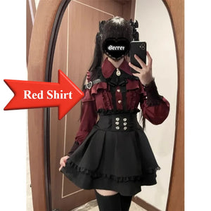 3-Color Sweet Gothic Lolita Coord Set, Off Shoulder Lace Blouse & High Waist Skirt, Kawaii Japanese Style Two Piece Outfit S-XL