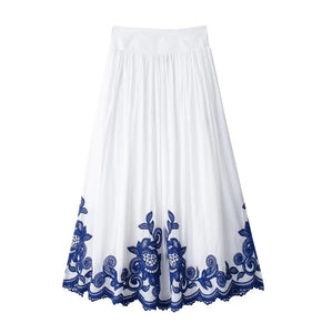 HH Women's 2-piece Set Of Blue Embroidered Single-breasted Loose Shirt + Chic High-waisted Loose Pleated Street Skirt Suit