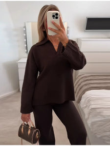 Casual Simple Loose Sweater Trousers Set Solid Color Retro Versatile Comfortable Streetwear Top Pants Commuting Women's Outfit