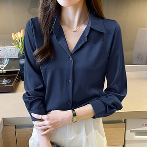 New Spring satin shirts solid color office ladies shirts fashion Women Blouses Long Sleeve Tops Blusas Mujer