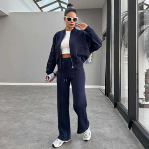 FSMG Casual Sweatshirt Pants Set Solid Zippers Jackets Loose High Waist Lace-up Elastic Waist Trousers Suits Sportswear 2 Pieces