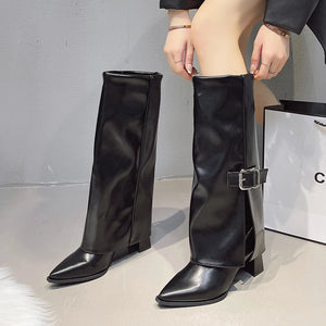 Fashion High Heels Knee High Boots for Women Winter 2025 Trend Pointed Toe Knight Boots Woman Fold Over PU Leather Long Botas