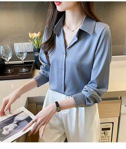 New Spring satin shirts solid color office ladies shirts fashion Women Blouses Long Sleeve Tops Blusas Mujer
