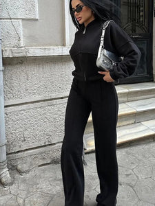 FSMG Casual Sweatshirt Pants Set Solid Zippers Jackets Loose High Waist Lace-up Elastic Waist Trousers Suits Sportswear 2 Pieces