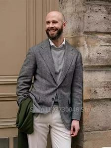 Gray Herringbone Wool Tweed Winter Suit Blazer Single Breasted Suit Jacket Formal Fashion Notch Lapel Coat for Wedding/Business