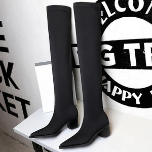 BIGTREE Shoes Women Sexy Over The Knee Boots Pointed Top Stretch Boots Thick Heel High Boots Black Long Boots Autumn Winter Shoe