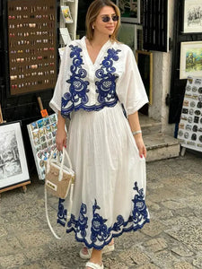 HH Women's 2-piece Set Of Blue Embroidered Single-breasted Loose Shirt + Chic High-waisted Loose Pleated Street Skirt Suit