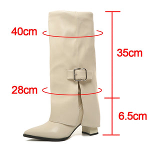 Fashion High Heels Knee High Boots for Women Winter 2025 Trend Pointed Toe Knight Boots Woman Fold Over PU Leather Long Botas