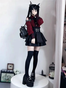 3-Color Sweet Gothic Lolita Coord Set, Off Shoulder Lace Blouse & High Waist Skirt, Kawaii Japanese Style Two Piece Outfit S-XL