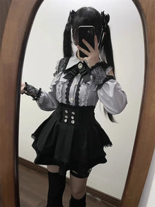 3-Color Sweet Gothic Lolita Coord Set, Off Shoulder Lace Blouse & High Waist Skirt, Kawaii Japanese Style Two Piece Outfit S-XL