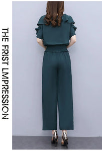 Women's Summer Suit 2025 New Waistband Lace Openwork Off The Shoulder Short Sleeve Tops Wide Leg Pants 2 Two Piece Set For Women