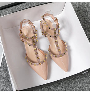 Summer high-heeled women's sandals Fashion brand design pointed rivet red casual shoes Large size 41-43