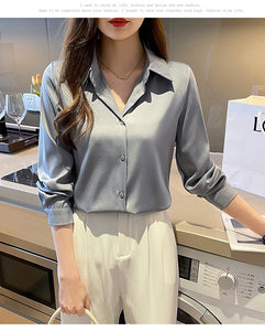 New Spring satin shirts solid color office ladies shirts fashion Women Blouses Long Sleeve Tops Blusas Mujer