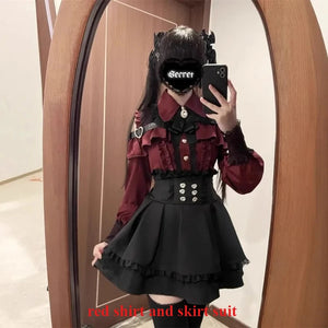 3-Color Sweet Gothic Lolita Coord Set, Off Shoulder Lace Blouse & High Waist Skirt, Kawaii Japanese Style Two Piece Outfit S-XL