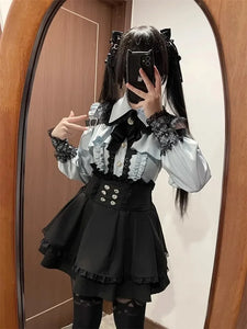 3-Color Sweet Gothic Lolita Coord Set, Off Shoulder Lace Blouse & High Waist Skirt, Kawaii Japanese Style Two Piece Outfit S-XL